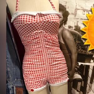 Red & White Gingham Retro Halter One-Piece Swimsuit